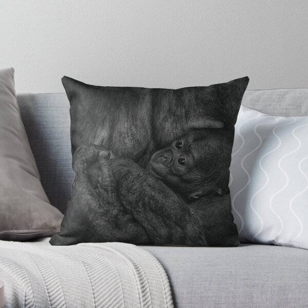Baby Gorilla Riding Mother's Back Vintage Black and White Look Throw Pillow  by TheWindBeneathMyTutu