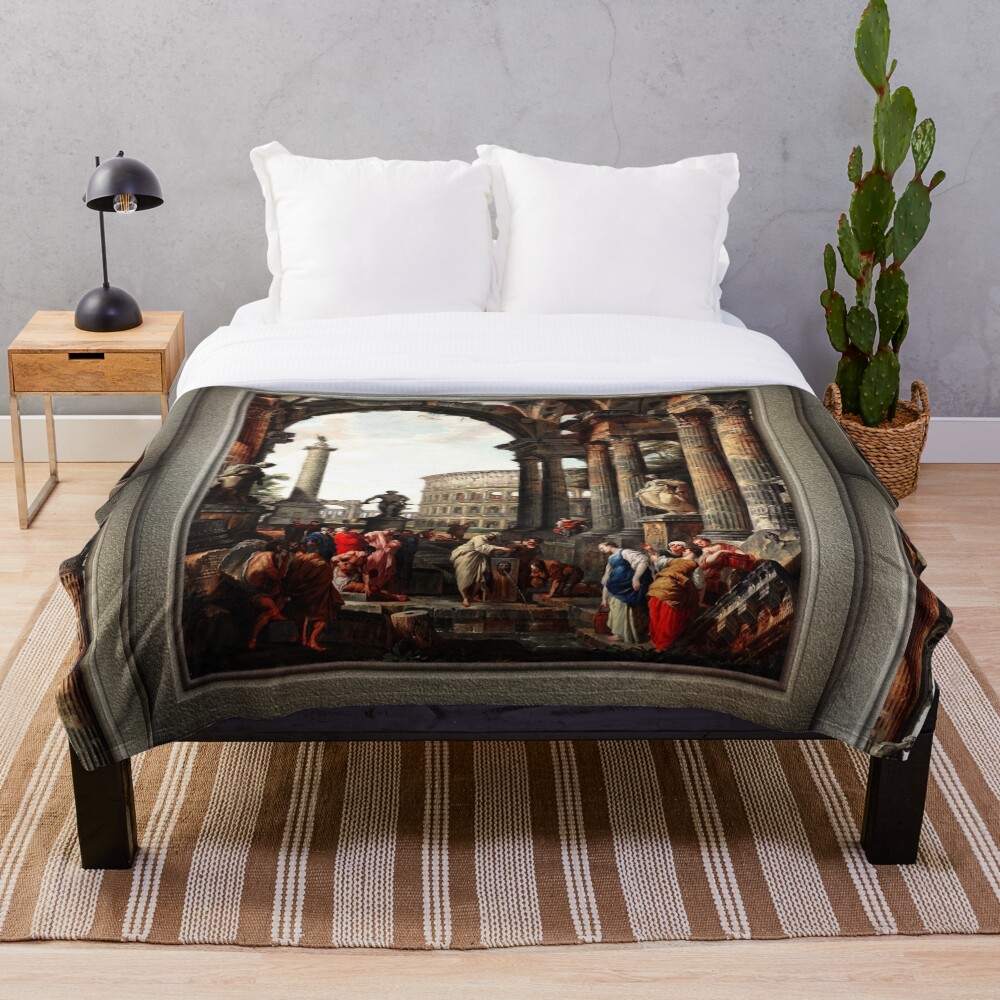 Xzendor7 Comforters, Duvet Covers and Throw Blankets - Elegance and Beauty 16 Architectural Roman Capriccio With Philosopher Diogenes by Giovanni Panini Classical Art Xzendor7 Old Masters Reproductions Throw Blanket