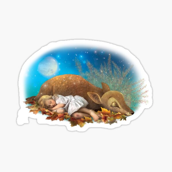 The girl and the deer sleeping Sticker