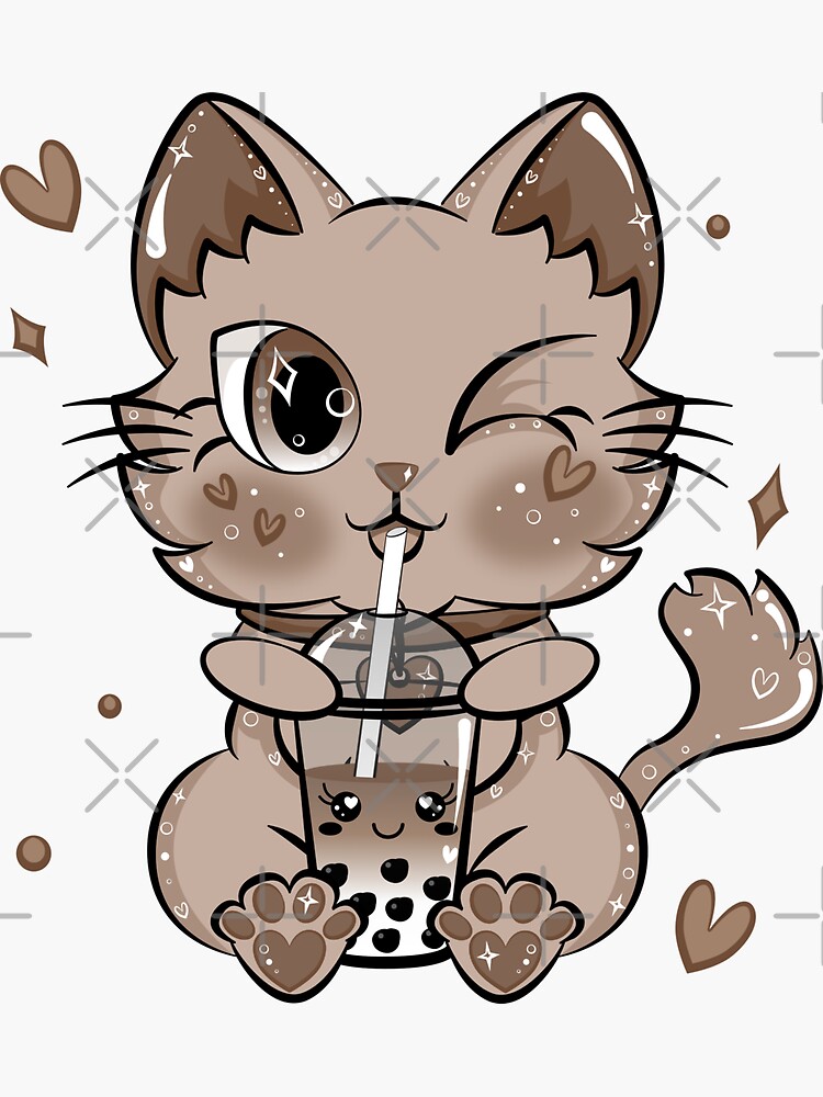 "Boba Tea Cat Cute Bubble Kawaii Caramel Tapioca" Sticker for Sale by