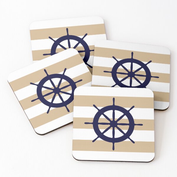 Item preview, Nautical Navy Blue Ship's Steering Wheel On Tropical Tan Stripes designed and sold by rewstudio.