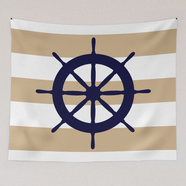 Item preview, Nautical Navy Blue Ship's Steering Wheel On Tropical Tan Stripes designed and sold by rewstudio.