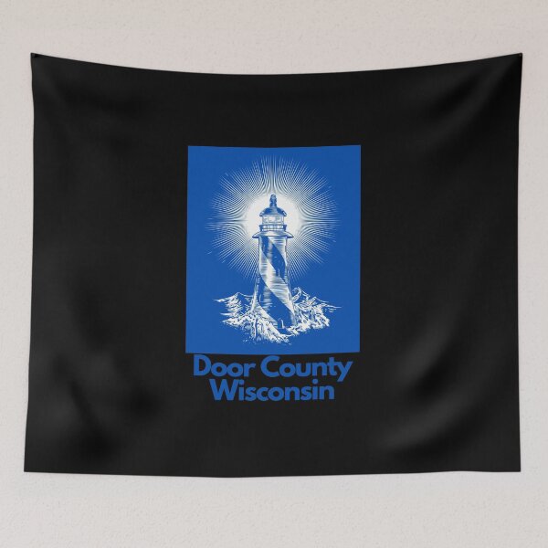 Item preview, Door County Wisconsin Lighthouse Waves Beacon Rocks Graphic Drawing Picture Design Lake Michigan Travel Vacation Camping Navy Blue and White Color designed and sold by fineartprints1.