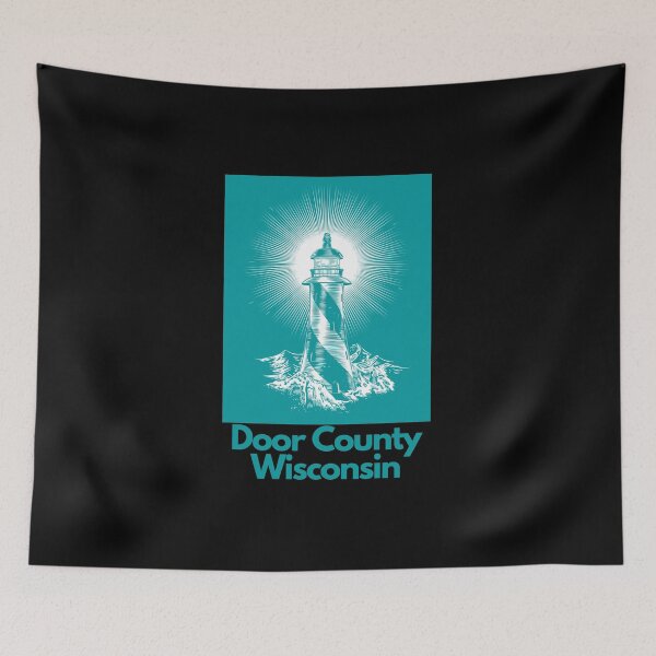Item preview, Door County Wisconsin Lighthouse Waves Beacon Rocks Graphic Drawing Picture Design Lake Michigan Travel Vacation Camping Light Green and White Color designed and sold by fineartprints1.