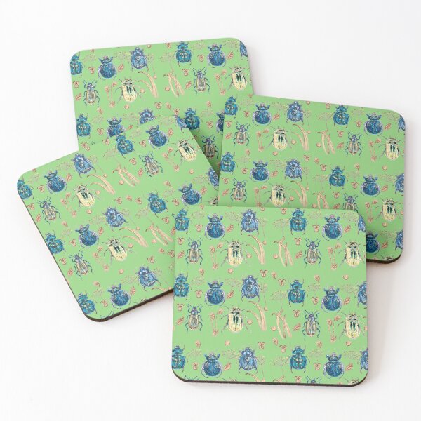 Item preview, Collection of beautiful beetles on a pastel green background. designed and sold by OksArt22.