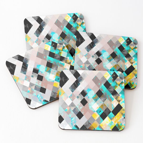 Item preview, geometric pixel square pattern abstract background in blue yellow green designed and sold by Mrvell.