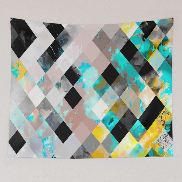 Item preview, geometric pixel square pattern abstract background in blue yellow green designed and sold by Mrvell.