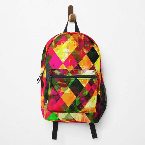 Item preview, geometric pixel square pattern abstract background in pink orange red yellow designed and sold by Mrvell.