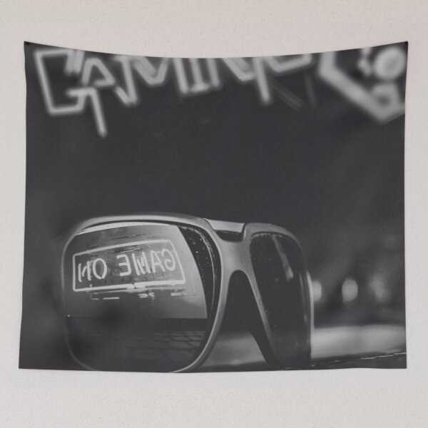Item preview, Game On, Neon Sign Reflecting in Glasses in Black and White designed and sold by SquishStitches.