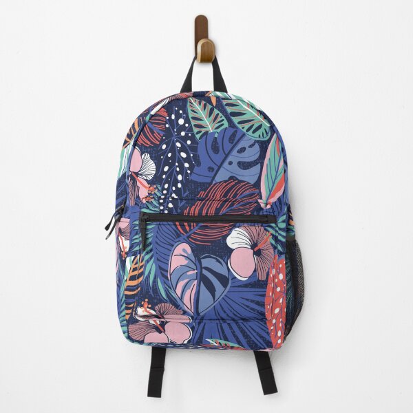 Item preview, Moody tropical night // oxford blue background spearmint papaya orange denim and electric blue leaves coral cotton candy pink and dry rose hibiscus flowers designed and sold by SelmaCardoso.