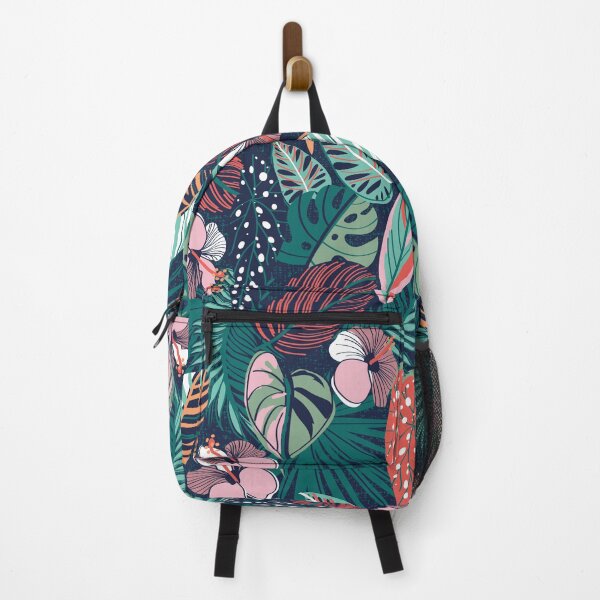 Item preview, Moody tropical night // oxford blue background spearmint papaya orange pine and sage green leaves coral cotton candy pink and dry rose hibiscus flowers designed and sold by SelmaCardoso.