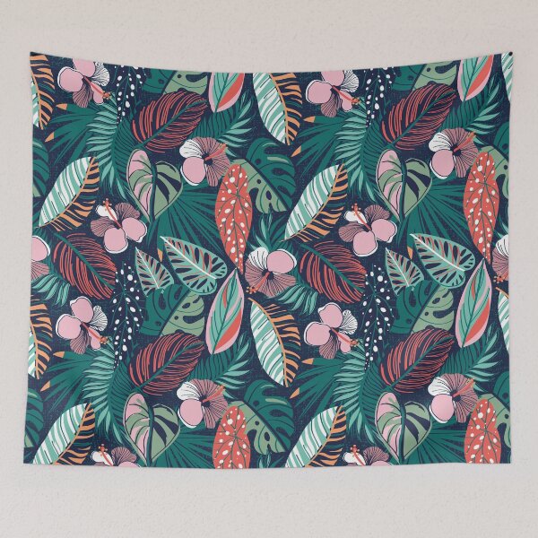 Item preview, Moody tropical night // oxford blue background spearmint papaya orange pine and sage green leaves coral cotton candy pink and dry rose hibiscus flowers designed and sold by SelmaCardoso.