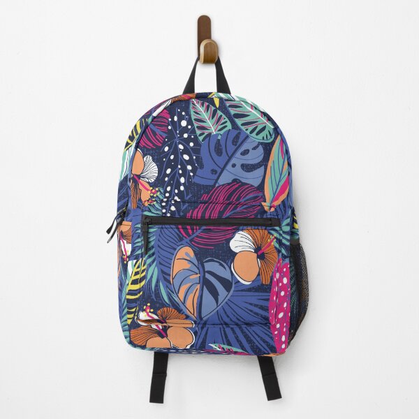 Item preview, Moody tropical night // oxford blue background coral cotton candy pink fuchsia pink spearmint sunny yellow denim and electric blue leaves papaya orange hibiscus flowers designed and sold by SelmaCardoso.