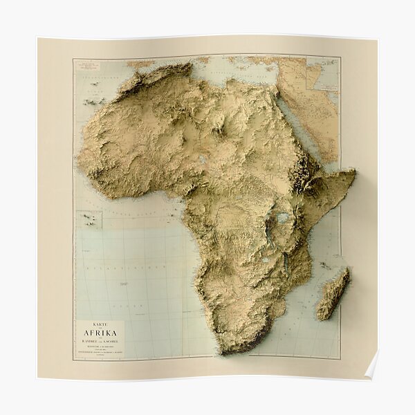 1884 Carte en relief de l'Afrique en 3D rendu numériquement Poster