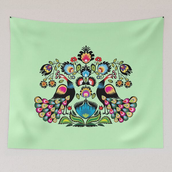 Item preview, Folklore peacocks on minty green designed and sold by FK-UK.