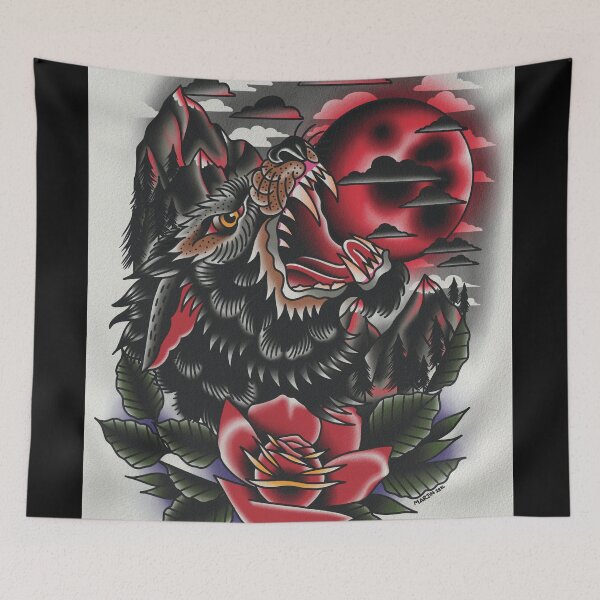 Item preview, Red moon wold head mountain scene designed and sold by Aloha-Life-808.