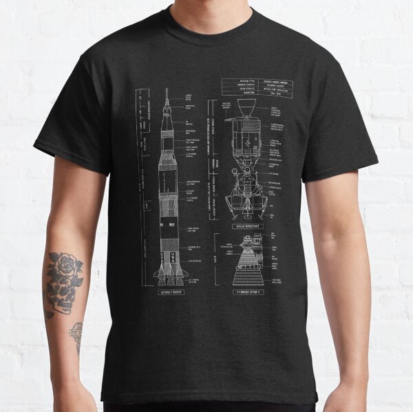Saturn V / Apollo Crewed Lunar Expedition (White Stencil - No Background. Vertical) Classic T-Shirt