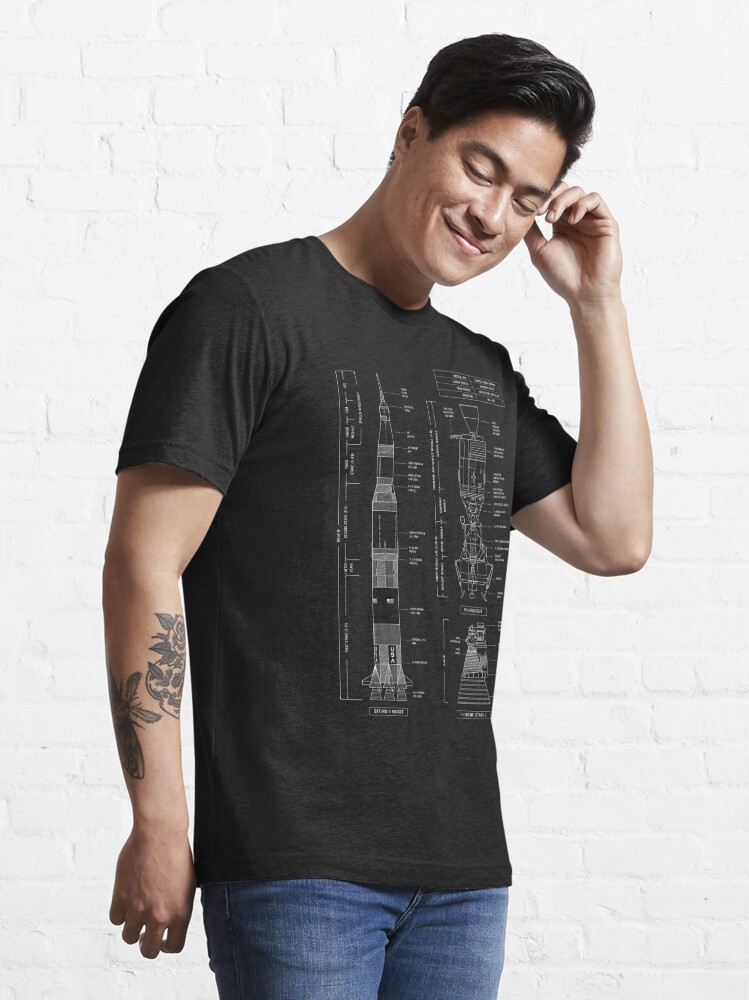 Disover Saturn V / Apollo Crewed Lunar Expedition (White Stencil - No Background. Vertical) | Essential T-Shirt 