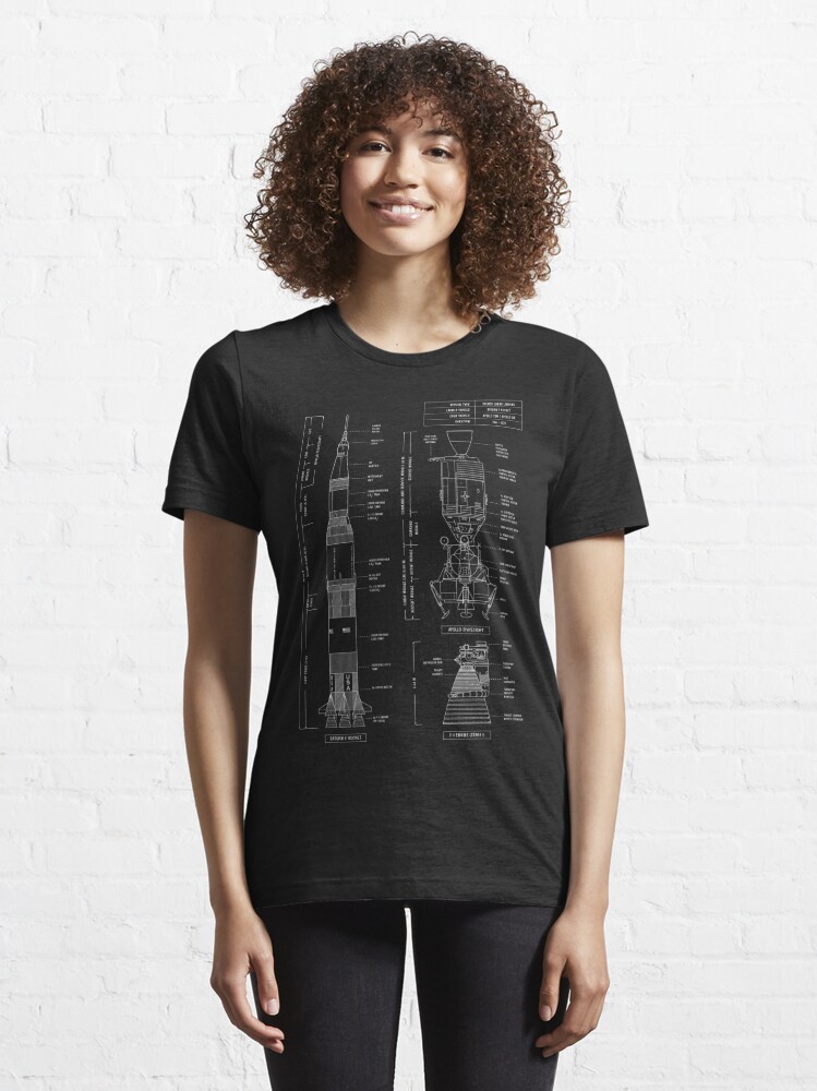 Disover Saturn V / Apollo Crewed Lunar Expedition (White Stencil - No Background. Vertical) | Essential T-Shirt 