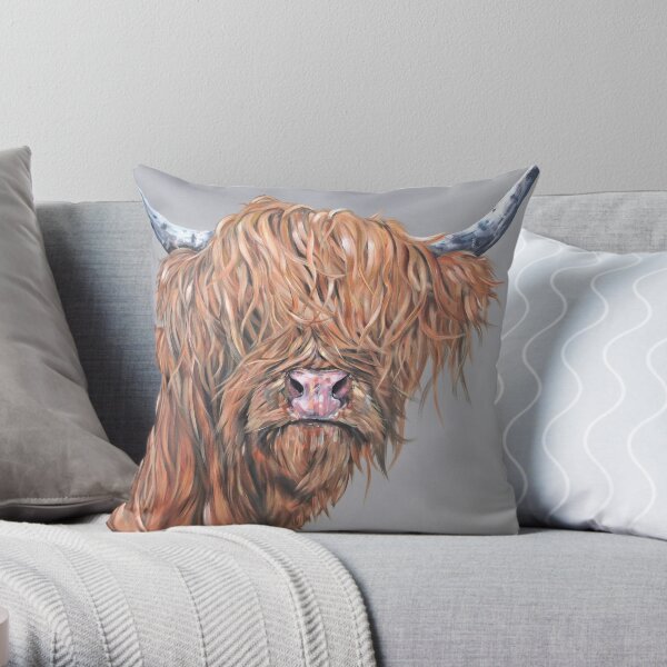 Fred McRed. Highland cow, Heilan Scottish coo art by award-winning UK artist Sam Fenner Throw Pillow