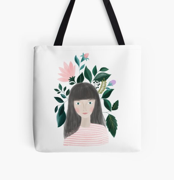 women with flowers portrait illustration All Over Print Tote Bag