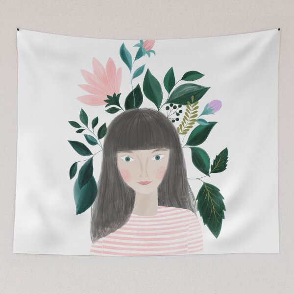Item preview, women with flowers portrait illustration designed and sold by PinkNounou.