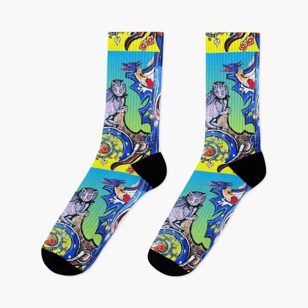 Item preview, WEIRD MEDEVAL BESTIARY, CAT AND CUCKOO BIRD IN BLUE YELLOW designed and sold by BulganLumini.