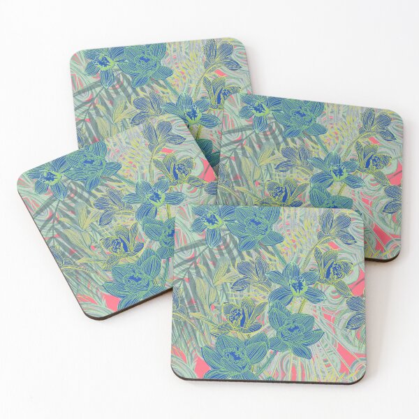 Item preview, Tropical pattern with yellow and green and blue exotic foliage with acid orchids on purple background designed and sold by ANAKOTO.