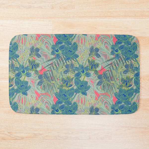 Item preview, Tropical pattern with yellow and green and blue exotic foliage with acid orchids on purple background designed and sold by ANAKOTO.