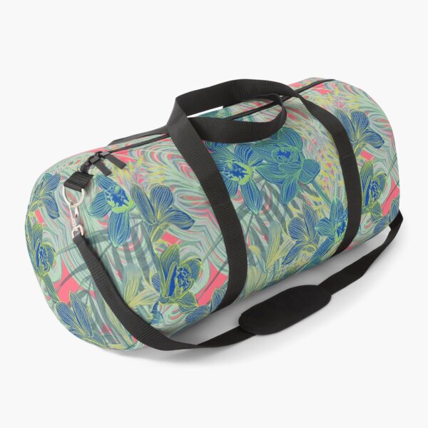 Item preview, Tropical pattern with yellow and green and blue exotic foliage with acid orchids on purple background designed and sold by ANAKOTO.