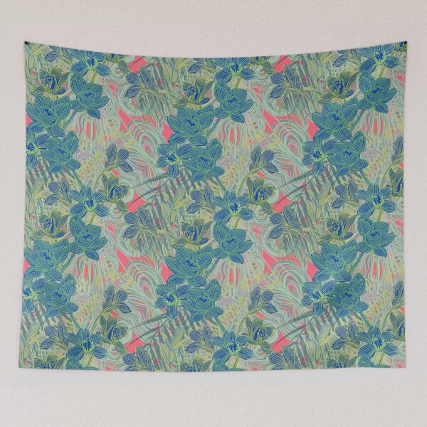 Item preview, Tropical pattern with yellow and green and blue exotic foliage with acid orchids on purple background designed and sold by ANAKOTO.