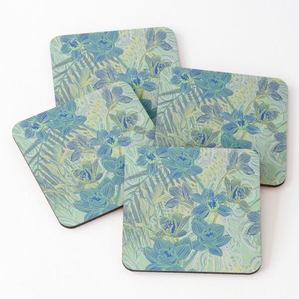 Item preview,  Tropical pattern with yellow and green and blue exotic foliage with acid orchids on purple background designed and sold by ANAKOTO.