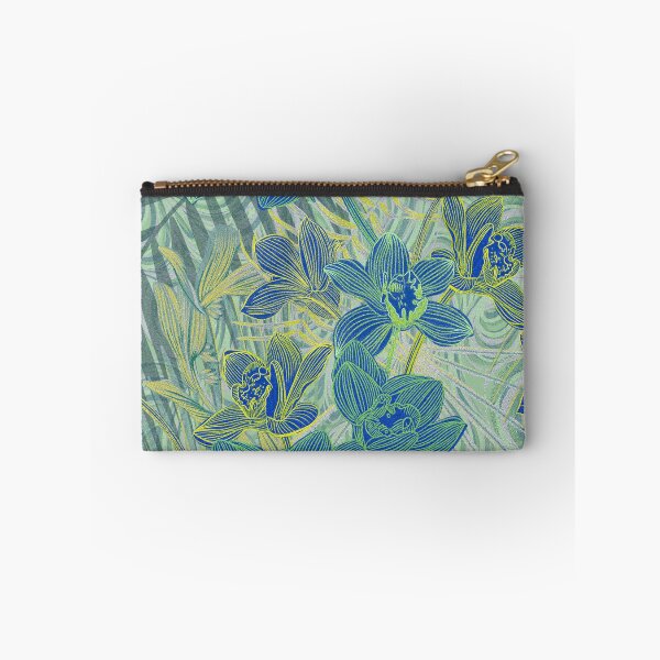 Item preview,  Tropical pattern with yellow and green and blue exotic foliage with acid orchids on purple background designed and sold by ANAKOTO.