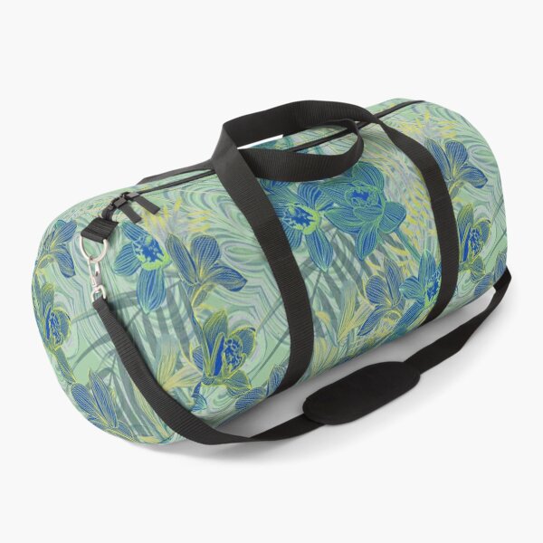 Item preview, Tropical pattern with yellow and green and blue exotic foliage with acid orchids on purple background designed and sold by ANAKOTO.