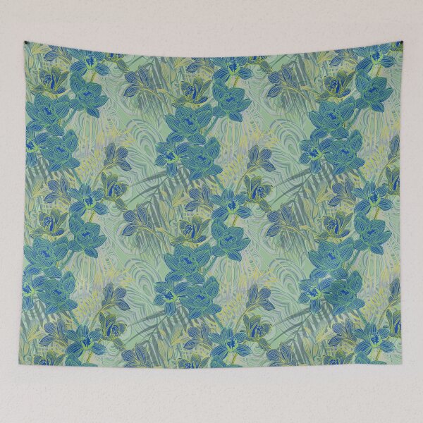 Item preview,  Tropical pattern with yellow and green and blue exotic foliage with acid orchids on purple background designed and sold by ANAKOTO.