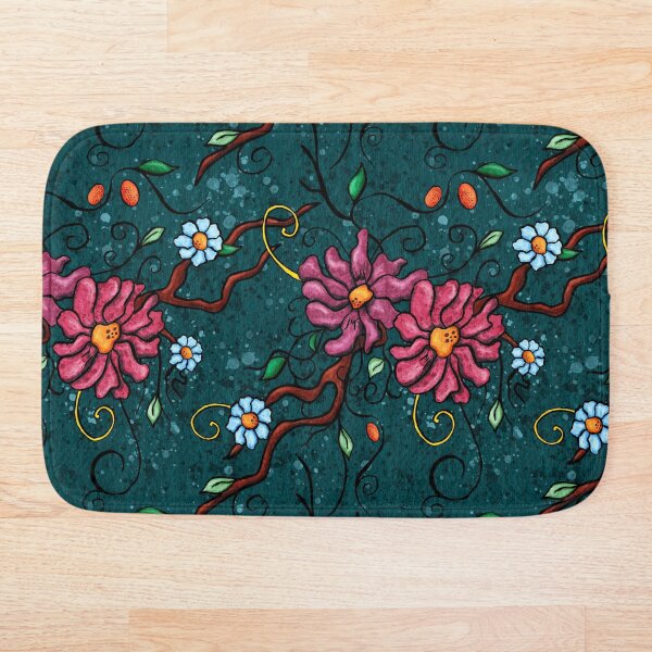 Fleurs roses sur fond bleu canard Tapis de bain