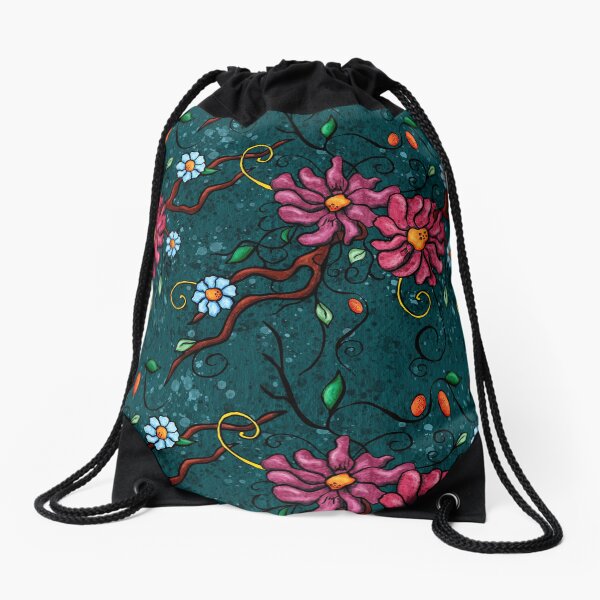 Pink flowers on duck blue background Drawstring Bag
