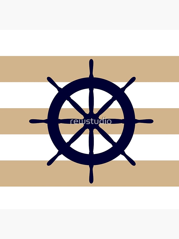 Thumbnail 4 von 4, Kissen, Lenkrad des nautischen dunkelblauen Schiffes auf tropischen braunen Streifen designt und verkauft von rewstudio.