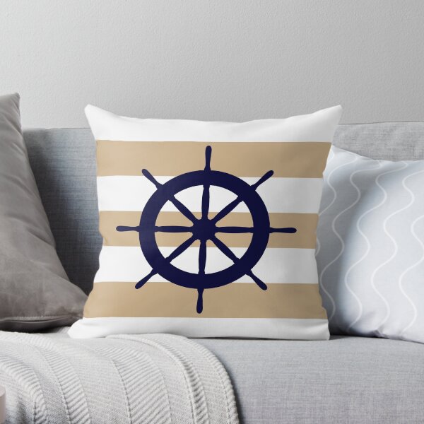 Nautical Navy Blue Ship's Steering Wheel On Tropical Tan Stripes Throw Pillow