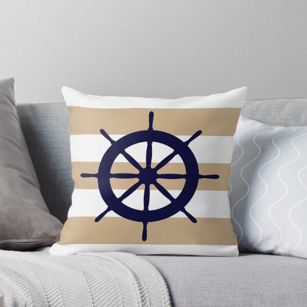 Item preview, Nautical Navy Blue Ship's Steering Wheel On Tropical Tan Stripes designed and sold by rewstudio.