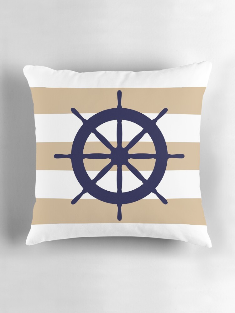 Thumbnail 3 von 4, Kissen, Lenkrad des nautischen dunkelblauen Schiffes auf tropischen braunen Streifen designt und verkauft von rewstudio.