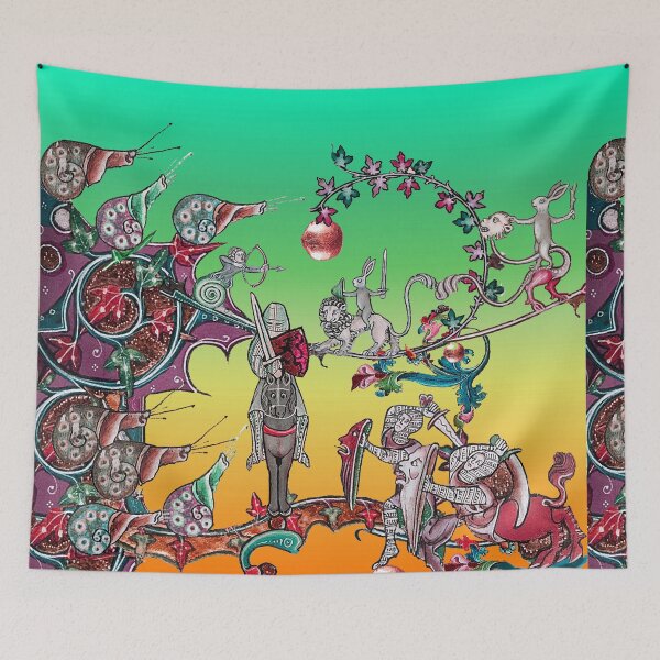Item preview, WEIRD MEDIEVAL BESTIARY  WAR, KNIGHTS AND KILLER RABBITS FIGHTING WITH GIANT SNAILS Green Orange Yellow designed and sold by BulganLumini.
