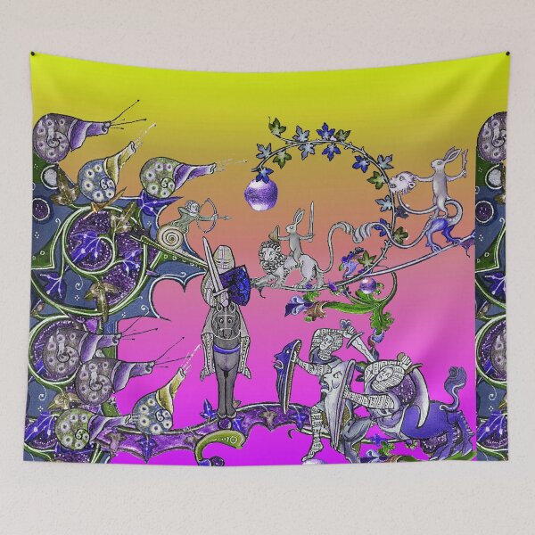Item preview, WEIRD MEDIEVAL BESTIARY  WAR, KNIGHTS AND KILLER RABBITS FIGHTING WITH GIANT SNAILS Pink Yellow Blue designed and sold by BulganLumini.