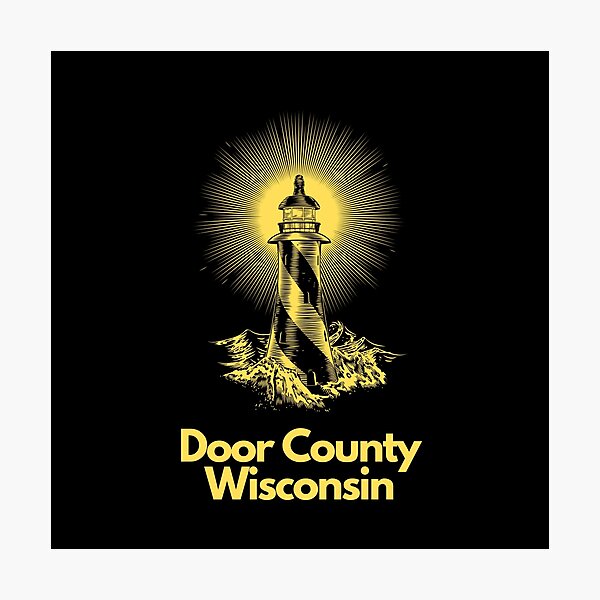 Item preview, Door County Wisconsin Lighthouse Waves Beacon Rocks Graphic Drawing Picture Design Lake Michigan Travel Vacation Camping Bright Yellow and Black designed and sold by fineartprints1.