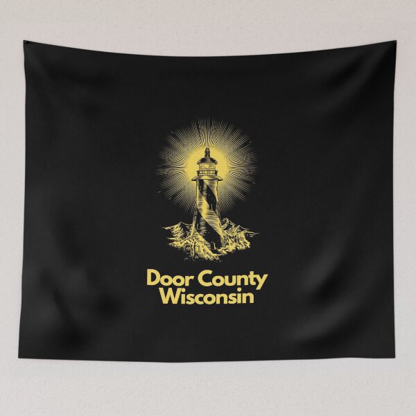 Item preview, Door County Wisconsin Lighthouse Waves Beacon Rocks Graphic Drawing Picture Design Lake Michigan Travel Vacation Camping Bright Yellow and Black designed and sold by fineartprints1.
