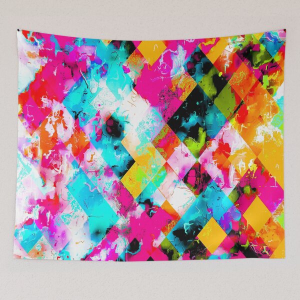 Item preview, colorful geometric pixel square pattern abstract background in pink blue orange designed and sold by Mrvell.