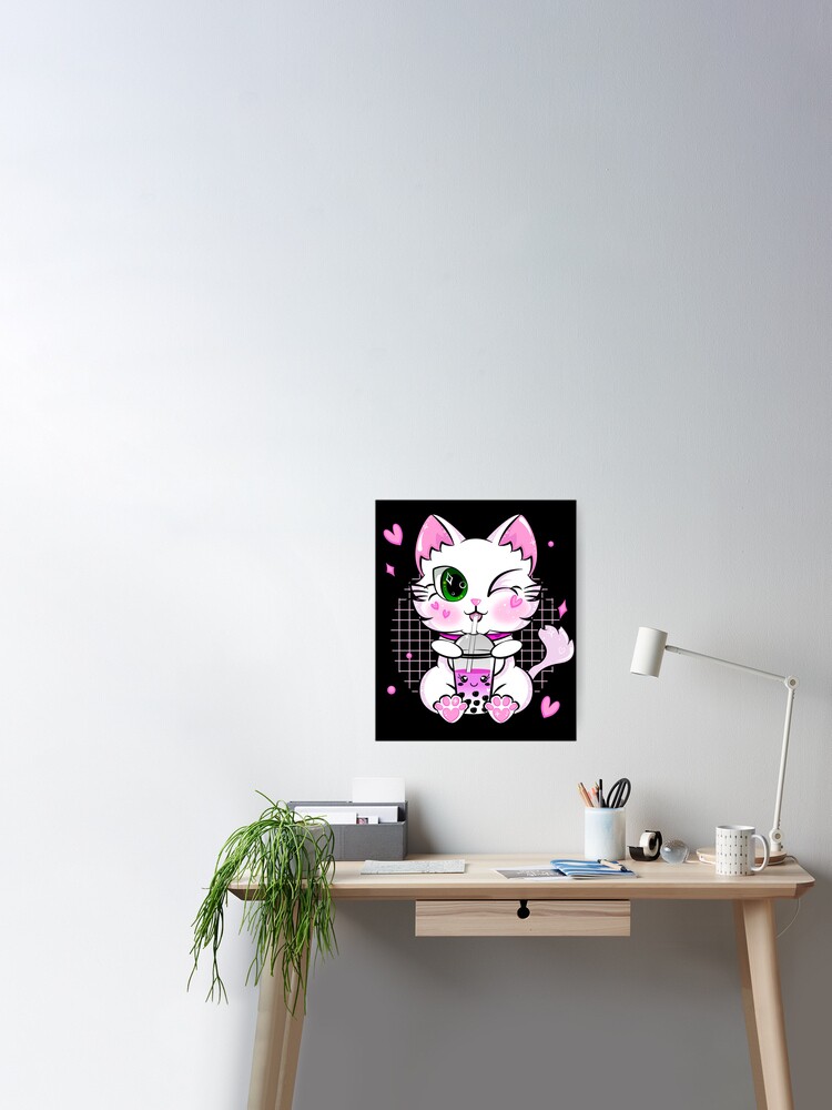 Kawaii Neko Cat Pink Japanese Bubble Tea Kitty Boba Drink Poster for Sale  by ZNOVANNA