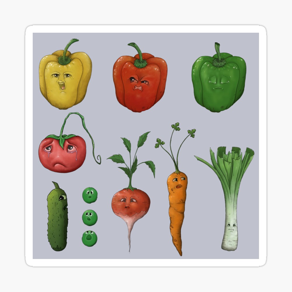 Vegetables with sad faces cartoon icons vegan illustration