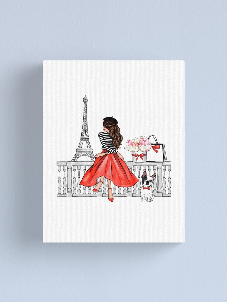 Brunette girl in Paris red dress Canvas Print for Sale by