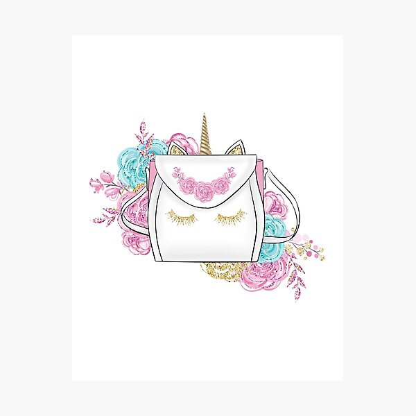 Unicorn fashion bag and flowers illustration Photographic Print